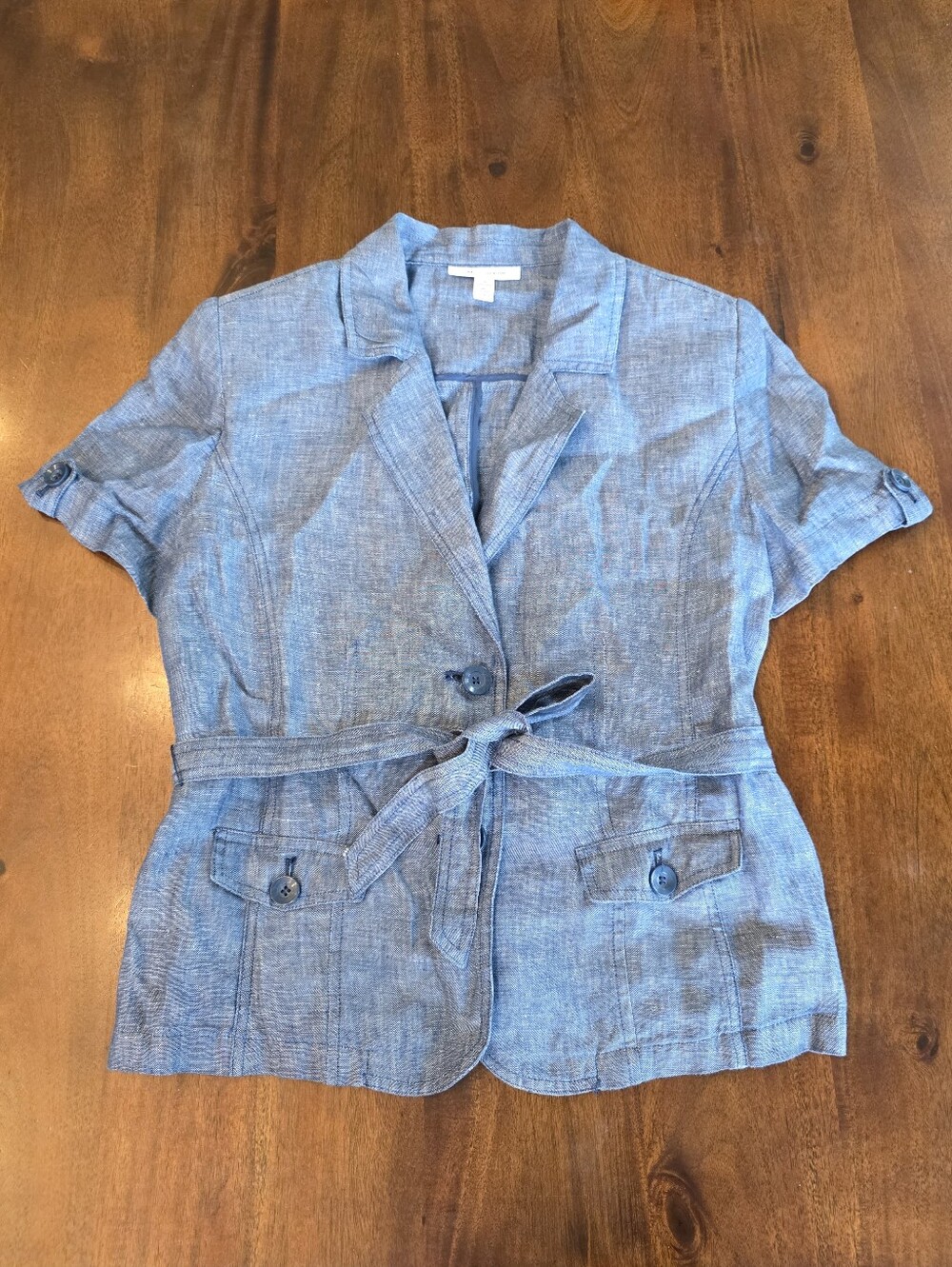 Womans Size 10 Blue 100% Linen Safari Top by JM Collection Office Old Money